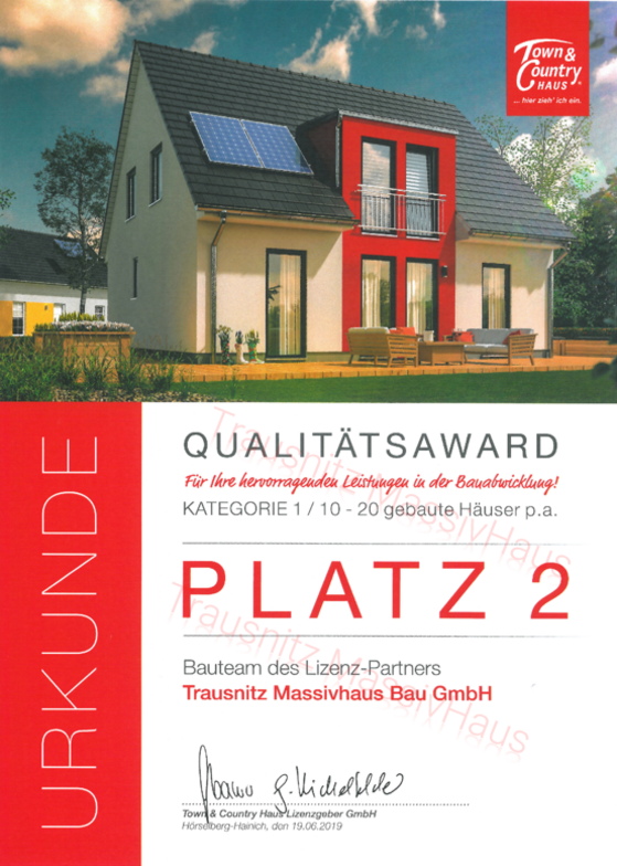 Trausnitz Massivhaus Qualitätsaward Urkunde 2019