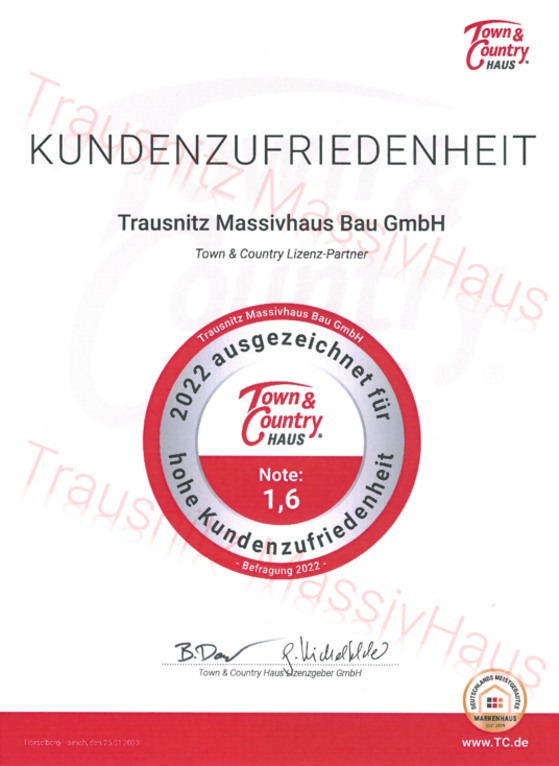 Trausnitz Massivhaus Kundenzufriedenheit Urkunde 2022
