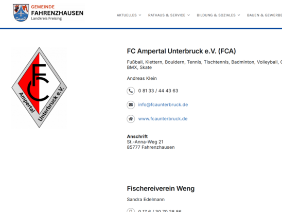 Freizeitverein auf der Website der Gemeinde