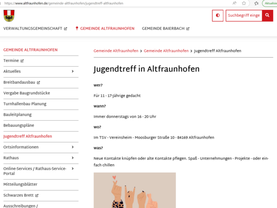 Freizeitmöglichkeiten auf der Website der Gemeinde Altfraunhofen