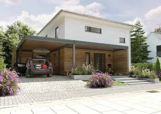 Einfamilienhaus - Flair 124 Kubus Modernes zweigeschossiges Einfamilienhaus mit Flachdach und Carport. Helle Fassade, Holzverkleidung, geöffneter Kofferraum eines Autos, bepflanzte Einfahrt und Vorgarten.