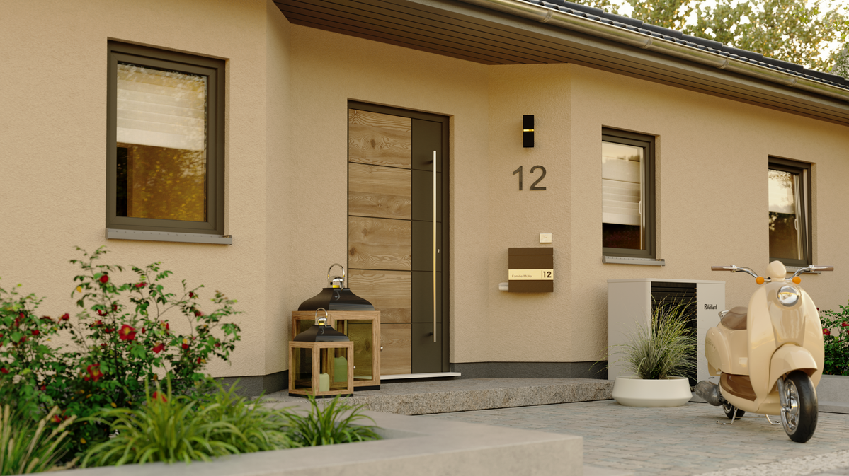 Der Winkelbungalow 108 von vorne mit Eingangsbereich – ideal für ebenerdiges Wohnen und passend zum Bebauungsplan vieler Grundstücke