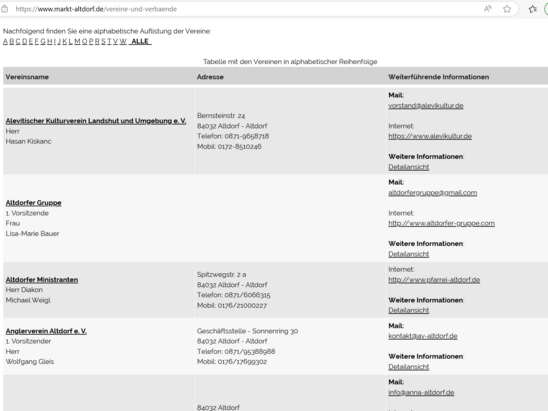 Übersicht der Vereine auf der Website der Gemeinde Altdorf